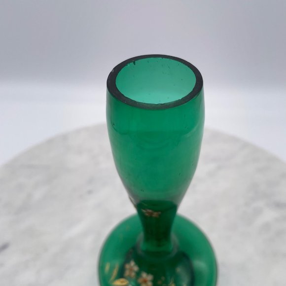 Emerald Green Bohemian Glass Bud Vase Pair Hand Blown Painted Fluted Unique Vint - Picture 6 of 14